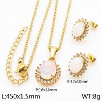 Titanium Steel 18K Gold Plated Simple Style Inlay Round Opal Jewelry Set sku image 3