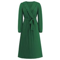 Women's Regular Dress Simple Style V Neck Belt Ruffles Pleated Long Sleeve Solid Color Midi Dress Daily Street sku image 7