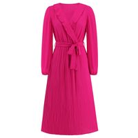 Women's Regular Dress Simple Style V Neck Belt Ruffles Pleated Long Sleeve Solid Color Midi Dress Daily Street sku image 1