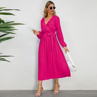 Women's Regular Dress Simple Style V Neck Belt Ruffles Pleated Long Sleeve Solid Color Midi Dress Daily Street main image 3