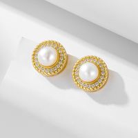 1 Pair Ig Style Sweet Round Plating Inlay Sterling Silver Pearl Zircon 14k Gold Plated Rhodium Plated Ear Studs main image 3
