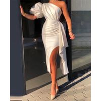 Women's Party Dress Elegant Sexy Oblique Collar Short Sleeve Solid Color Midi Dress Banquet Party main image 3