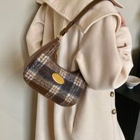Women's Woolen Plaid Basic Vintage Style Sewing Thread Dumpling Shape Zipper Shoulder Bag Underarm Bag sku image 1