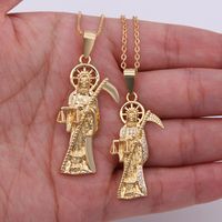 Vintage Style Death Copper Plating Inlay Carving Zircon 18k Gold Plated Unisex Pendant Necklace main image 4