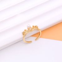 Shiny Crown Copper 18k Gold Plated Artificial Pearls Zircon Open Rings In Bulk sku image 12