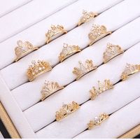 Shiny Crown Copper 18k Gold Plated Artificial Pearls Zircon Open Rings In Bulk main image 1