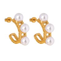1 Pair Ig Style Casual C Shape Solid Color Plating Inlay Stainless Steel Artificial Pearls 14k Gold Plated Ear Studs main image 4