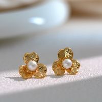 1 Pair Casual Basic Flower Plating Inlay Stainless Steel Artificial Pearls 14k Gold Plated Ear Studs main image 1
