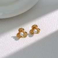 1 Pair Casual Basic Flower Plating Inlay Stainless Steel Artificial Pearls 14k Gold Plated Ear Studs main image 5