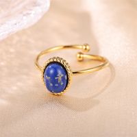 Stainless Steel Elegant Retro Lady Plating Inlay Round Natural Stone Open Rings main image 7