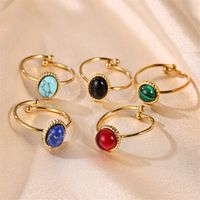 Stainless Steel Elegant Retro Lady Plating Inlay Round Natural Stone Open Rings main image 3