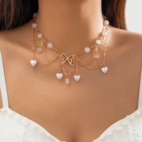 Elegant Sweet Heart Shape Butterfly Imitation Pearl Alloy Agate Crystal Tassel Chain Crystal Agate Women's Choker sku image 1