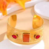 Retro Roman Style Geometric Stainless Steel Inlay Gem Turquoise Gold Plated Bangle main image 3