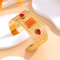 Retro Roman Style Geometric Stainless Steel Inlay Gem Turquoise Gold Plated Bangle main image 1