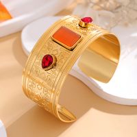 Retro Roman Style Geometric Stainless Steel Inlay Gem Turquoise Gold Plated Bangle main image 5