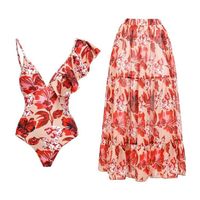 امرأة جنسي ورد طباعة 2 قطعة مجموعة قطعة واحدة ملابس السباحة sku image 6