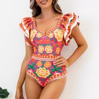 Women's Vacation Flower Ruffles Backless One Piece Swimwear main image 2