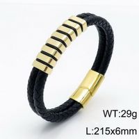 Hip Hop Retro Bloque De Color Acero Inoxidable Cuero Sintético Enchapado Chapados en oro de 18k Hombres Brazalete main image 2