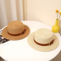 Women's Pastoral Solid Color Belt Buckle Wide Eaves Straw Hat main image 4