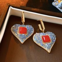 1 Pair Retro Color Block Heart Shape Pleated Inlay Copper Rhinestones Drop Earrings sku image 74