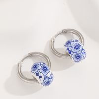 1 Pair Classical Blue And White Porcelain Stainless Steel Ceramics Hoop Earrings sku image 1