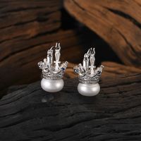 1 Pair Casual Crown Plating Inlay Sterling Silver Freshwater Pearl Zircon White Gold Plated Earrings main image 5