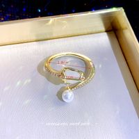 Elegant Geometric Alloy Copper Inlay Artificial Pearls Rhinestones 14k Gold Plated Open Ring sku image 6