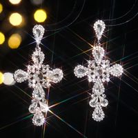 1 Pair Elegant Shiny Cross Inlay Alloy Rhinestones Zircon Drop Earrings sku image 1