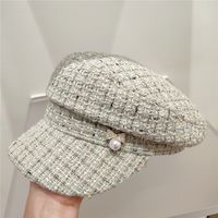 Women's Elegant Retro Plaid Rhinestone Bowknot Curved Eaves Military Hat sku image 4