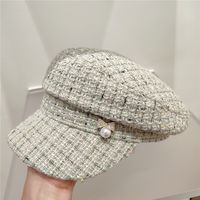 Women's Elegant Retro Plaid Rhinestone Bowknot Curved Eaves Military Hat main image 2