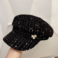 Femmes Élégant Rétro Plaid Strass Noeud Papillon Avant-toit Incurvé Chapeau Militaire main image 4