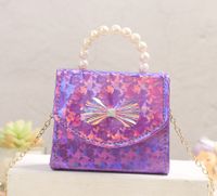Girl's Pu Leather Sequins Cute Pearls Square Flip Cover Handbag main image 4