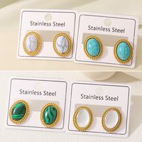 1 Pair Retro Simple Style Oval Plating Inlay 304 Stainless Steel Turquoise Opal 18K Gold Plated Ear Studs main image 1