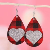 1 Pair French Style Romantic Plaid Water Droplets Heart Shape Pu Leather Drop Earrings main image 5