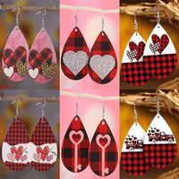 1 Pair French Style Romantic Plaid Water Droplets Heart Shape Pu Leather Drop Earrings main image 1