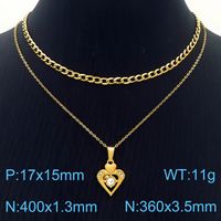 Stainless Steel Titanium Steel 18K Gold Plated Simple Style Hollow Out Inlay Heart Shape Crown Zircon Double Layer Necklaces sku image 2