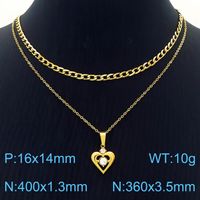 Stainless Steel Titanium Steel 18K Gold Plated Simple Style Hollow Out Inlay Heart Shape Crown Zircon Double Layer Necklaces sku image 3