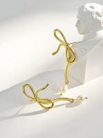 1 Paire Rétro Style Romain Noeud D'Arc Le Cuivre Perles Artificielles Plaqué Or Boucles D'oreilles main image 3