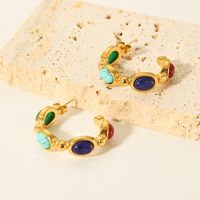 1 Pair Retro Geometric Plating Inlay 304 Stainless Steel Natural Stone 18K Gold Plated Ear Studs main image 4