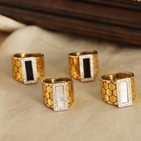 Casual Elegant Simple Style Hexagon Rectangle Titanium Steel Plating Inlay Acrylic Turquoise Shell 18k Gold Plated Rings main image 5