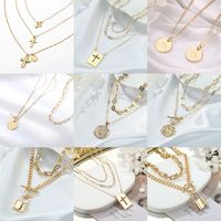 Hip-hop Cool Style Cross Heart Shape Lock Copper 14k Gold Plated Three Layer Necklace In Bulk main image 1