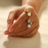 304 Stainless Steel 18K Gold Plated Vintage Style Plating Inlay Geometric Pearl Open Rings main image 4