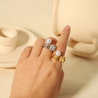 304 Stainless Steel 18K Gold Plated Vintage Style Plating Inlay Geometric Pearl Open Rings main image 3