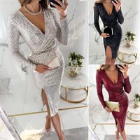Women's Party Dress Classic Style V Neck Sequins Slit Zipper Long Sleeve Solid Color Knee-length Party Cocktail Party main image 1