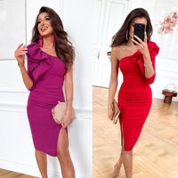 Women's Party Dress Simple Style Oblique Collar Slit Zipper Sleeveless Solid Color Knee-length Party main image 1
