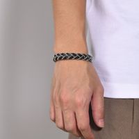 Casual Punk Simple Style Geometric 304 Stainless Steel Pu Leather Men's Bangle main image 7