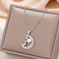 Simple Style Star Moon Cat Alloy Copper Plating Inlay Rhinestones White Gold Plated Women's Pendant Necklace main image 4