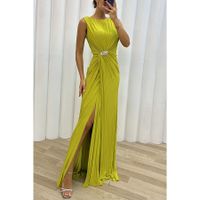 Women's Party Dress Classic Style Round Neck Slit Pleated Sleeveless Solid Color Maxi Long Dress Party Cocktail Party main image 2