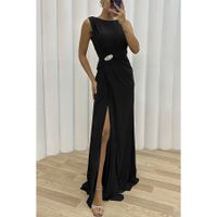 Women's Party Dress Classic Style Round Neck Slit Pleated Sleeveless Solid Color Maxi Long Dress Party Cocktail Party main image 4