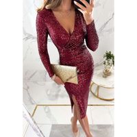 Femmes Robe De Fête Style Classique Col En V Paillettes Fente Fermeture Éclair Manche Longue Couleur Unie Au Genou Fête Cocktail Party sku image 2